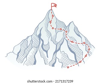 Mountain climbing route to top rock with red flag on peak. Business journey path in progress, way to success or concept of goal. Vector polygon dot connect line style
