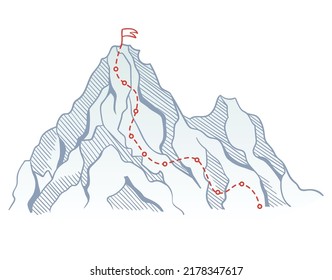 Mountain climbing route to top rock with red flag on peak. Business journey path in progress, way to success or concept of goal. Vector polygon dot connect line style