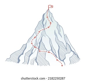 Mountain climbing route to top rock with red flag on peak. Business journey path in progress, way to success or concept of goal. Vector polygon dot connect line style