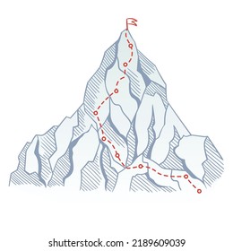 Mountain climbing route to top rock with red flag on peak. Business journey path in progress, way to success or concept of goal. Vector polygon dot connect line style