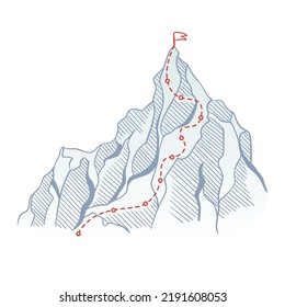 Mountain climbing route to top rock with red flag on peak. Business journey path in progress, way to success or concept of goal. Vector polygon dot connect line style