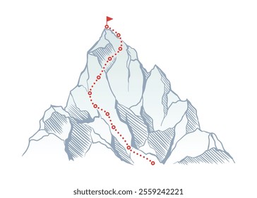 Mountain climbing route to top rock with red flag on peak. Business journey path in progress, way to success or concept of goal. Vector illustration