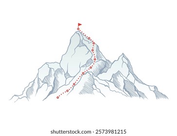 Mountain climbing route to top rock with red flag on peak. Business journey path in progress, way to success or concept of goal. Vector illustration