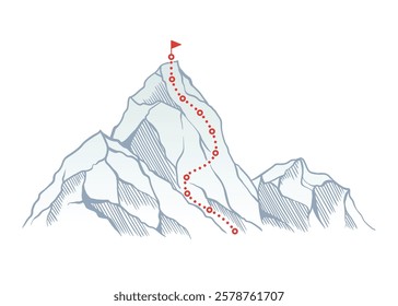 Mountain climbing route to top rock with red flag on peak. Business journey path in progress, way to success or concept of goal. Vector illustration