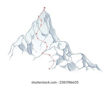 Mountain climbing route to top rock with red flag on peak. Business journey path in progress, way to success or concept of goal. Vector illustration