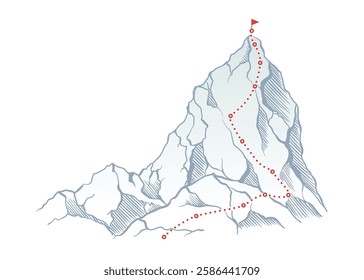 Mountain climbing route to top rock with red flag on peak. Business journey path in progress, way to success or concept of goal. Vector illustration