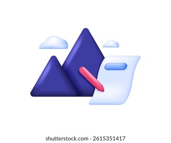 mountain climbing rules concept. agreement and terms. illustration of a mountain symbol with paper and pencil. symbol or icon. minimalist 3d style design. element