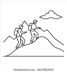 Mountain climbing scene drawn in minimalist single line art style showing climbers in action perfect for adventure exploration teamwork success and outdoor life visuals