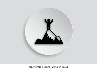 Mountain climbing stick figure icon showing person reaching summit in flat style.