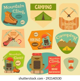 Mountain Climbing Stickers Collection in Retro Design. Camping and Hiking Elements. Vector Illustration.