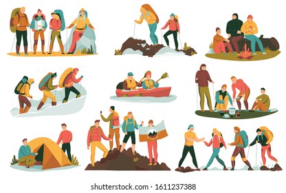 Mountain climbing trekking hiking flat compositions set with overnight halt camping tent bonfire cooking boating vector illustration 