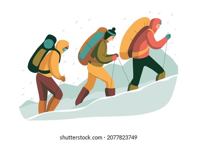 Mountain climbing trekking hiking flat composition with group of hikers walking on snow vector illustration