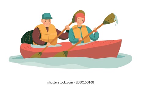 Mountain climbing trekking hiking flat composition with loving couple boating vector illustration