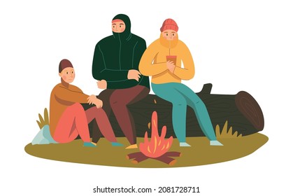 Mountain climbing trekking hiking flat composition with group of hikers near bonfire vector illustration