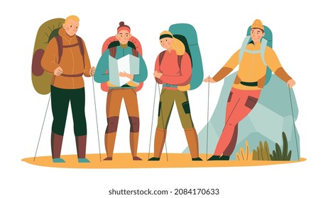 Mountain climbing trekking hiking flat composition with group of equipped hikers vector illustration