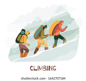 Mountain climbing trip flat composition with mountaineers wearing protective clothing harness backpacks with camping equipment vector illustration 