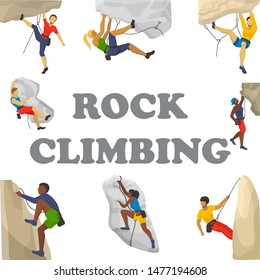 Mountain climbing vector illustration. Climbers climb rock wall or mountainous cliff and people in extreme sport. Mountaineer characters set. Mountaineering.