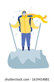 Mountain climbing vector illustration. Man on the snow rock top cartoon style. Hiker standing whith backpack, isolated on white background