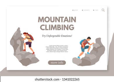 Mountain climbing vector landing page template. Hiking informative web banner layout. Young male and female backpackers cartoon characters. Extreme sports equipment shop. Active holiday