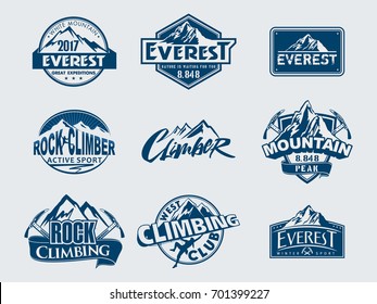 Mountain Climbing Vector Logo And Labels Set. Sport Emblem Climbing. Everest In Himalayas Outdoor Adventure Badge. Active Sports