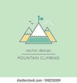 Mountain climbing vector thin line icon. Isolated symbol. Logo template, element for travel agency products, tour brochure, excursion banner. Simple mono linear modern design.