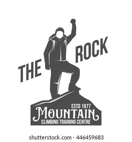 Mountain Climbing Vintage Logo, Emblem, Silhouette And Design Elements. Logotype Template And Badge With Climber.