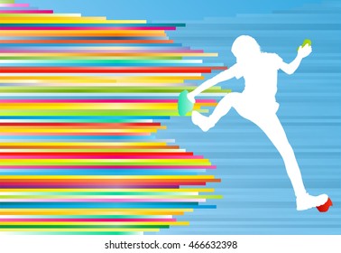 Mountain climbing woman vector abstract background concept with colorful lines on blue