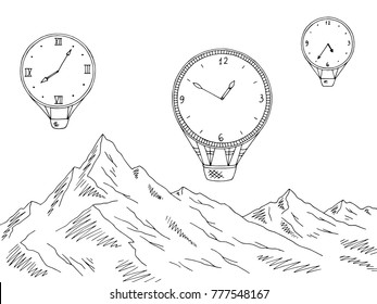 Mountain clock air balloon graphic black white landscape sketch illustration vector