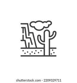 Mountain, cloud and cactus line icon. linear style sign for mobile concept and web design. Desert landscape outline vector icon. Symbol, logo illustration. Vector graphics