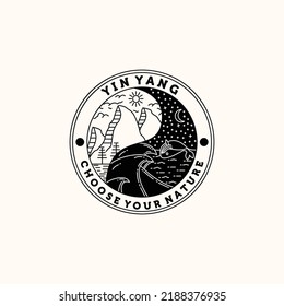 mountain cloud camp sun pine tree moon ocean wave whale water line art minimalist logo vector illustration design