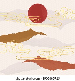 Mountain and cloud landscape wall arts vector. Japanese oriental style abstract arts with gold texture design for wall framed prints, canvas prints, poster, home decor, cover, luxury wallpaper. 
