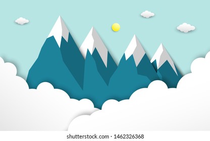 Mountain and Cloud scenery with sun and snow in paper art style.  mountains with snow, white fluffy clouds, blue sky, sunrise. Landscape with high snow mountain in paper cut craft style design, vector