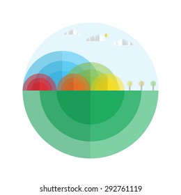 mountain cloud sun tree landscape  with colorful semicircle and layer style, vector illustration