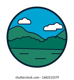 Vektorillustration von Berg- und Wolkenlinien und Füllstil-Icon-Design, Landscape Nature Earth Ökologie Naturschutz Bio-Umwelt und Outdoor-Themengrafik