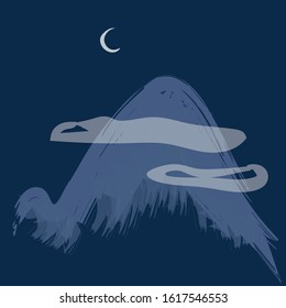 Mountain in clouds and moon in night sky. Modern Hand drawn vector illustration. Wanderlust and travel concept. Top of snowy mountain in fog and moon above on blue background