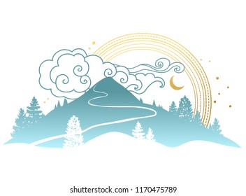 Mountain in clouds. Vector hand drawn illustration on white background