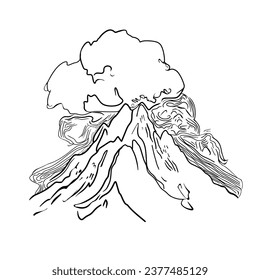 Mountain with clouds. Volcano drawn in vector line. Print, logo, icon isolated on a white background