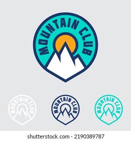 Mountain club emblem. Ice peaks and sunrise in rounded badge. Emblem can use for sportswear and equipment extreme sport, skiing, adventure, hiking, climbing and mount tourism.
