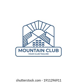 Mountain Club Logo in Monoline Vintage Style. Outdoor Line Art Illustration Vector. The Emblem or Badge Logo Design Template. 