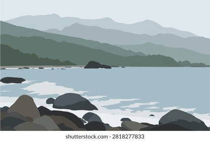 Mountain Coast Vector Landscape with Rocky Shore, Calm Sea, Forest Hills and Misty Peaks tranquil vector design