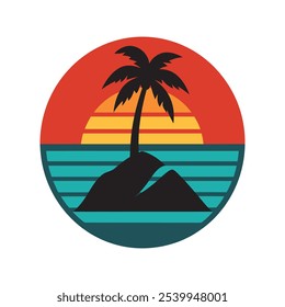 Mountain Coconut Tree Retro Vintage Background Vector Silhouette
