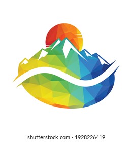 Mountain coffee bean logo vector design.  Mountain coffee with sunset view.