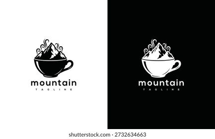 Taça de logotipo de café de montanha com picos natureza aventura cafeína.