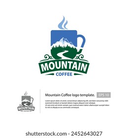 Logotipo de café de montaña con un Vector montañoso que tiene forma de vidrio, que se adapta a su logotipo de café de montaña.