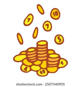 Mountain of coins hand drawn flat. Money. Gold coins. Wealth, treasure. Rich. Bank vault. Full wallet. Vector art image.