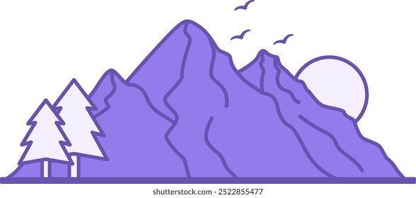 Mountain Colored Icon. Vector Icon. Mountains, Trees, Birds and Sun. Adventure and Tourism Concept