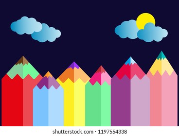 Mountain colored pencil with moon, cloud and copy space vector