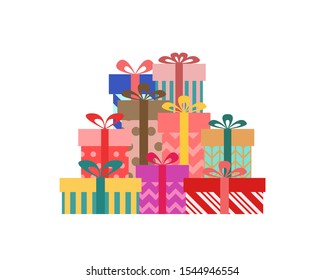 Mountain of colorful cute gift boxes. Vector illustration