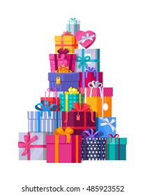 Mountain Of Colorful Gift Boxes On White Background. Big Stack Of Christmas Presents. Decorative Stylish Wrap For Presents Package On Boxes With Ribbons And Bows. Gifts Web Icon Sign Symbol. Vector