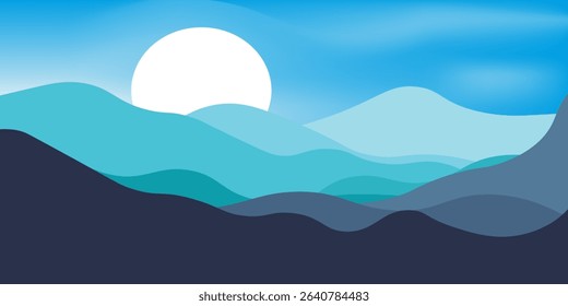 Mountain colors, with translucent wave blue background, sunset, abstract glass shapes, modern background, illustration design